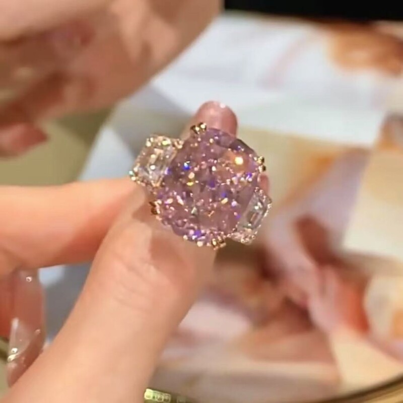 夸张爆闪粉色锆石时尚戒指轻奢小众设计感食指精致指环送可调节