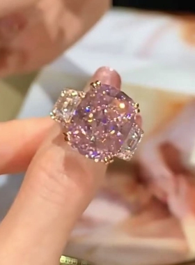 夸张爆闪粉色锆石时尚戒指轻奢小众设计感新款食指精致指环送礼物