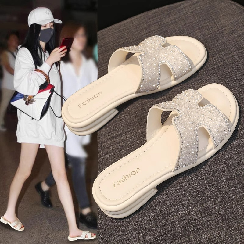 2025夏季低跟配裙子水钻高级感新款拖鞋女外穿小香风凉拖爆款防滑
