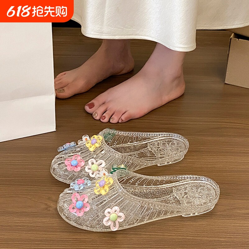意尔康心选果冻鞋DIY花朵配饰水晶公主透明凉鞋韩国爆款夏季凉拖