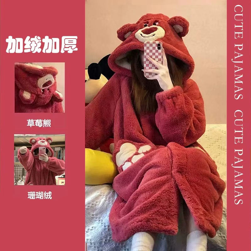 珊瑚绒可爱睡衣秋冬季女秋冬长款睡袍学生加绒加厚新款恐龙毛绒