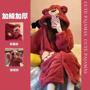 珊瑚绒可爱睡衣秋冬季女秋冬长款睡袍学生加绒加厚新款恐龙毛绒