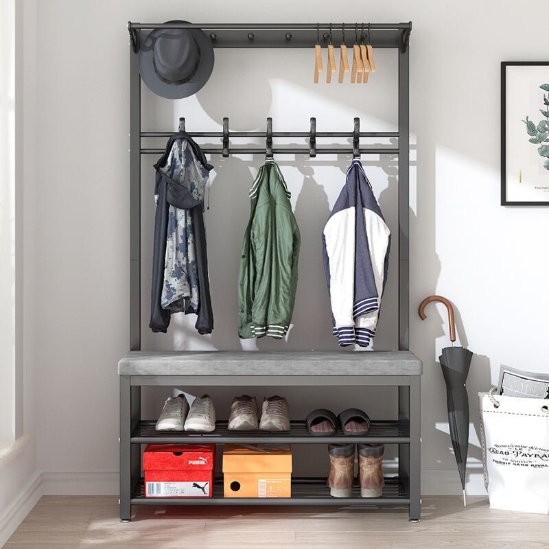 衣帽架家用挂衣架卧室衣架换鞋凳鞋架鞋柜落地简易金属收纳客厅
