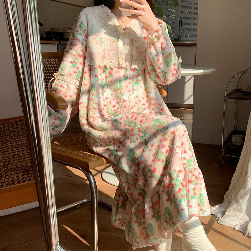 2025新款甜美碎花睡裙女秋冬季珊瑚绒加厚长袖法兰绒家居服可外穿