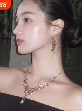 欧美夸张香槟色镶钻镂空水滴蝴蝶项链女晚礼服配饰锁骨链流苏