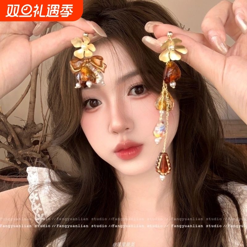金色琥珀 复古港风气质耳环2025新款耳坠小众耳钉女独特漂亮耳饰
