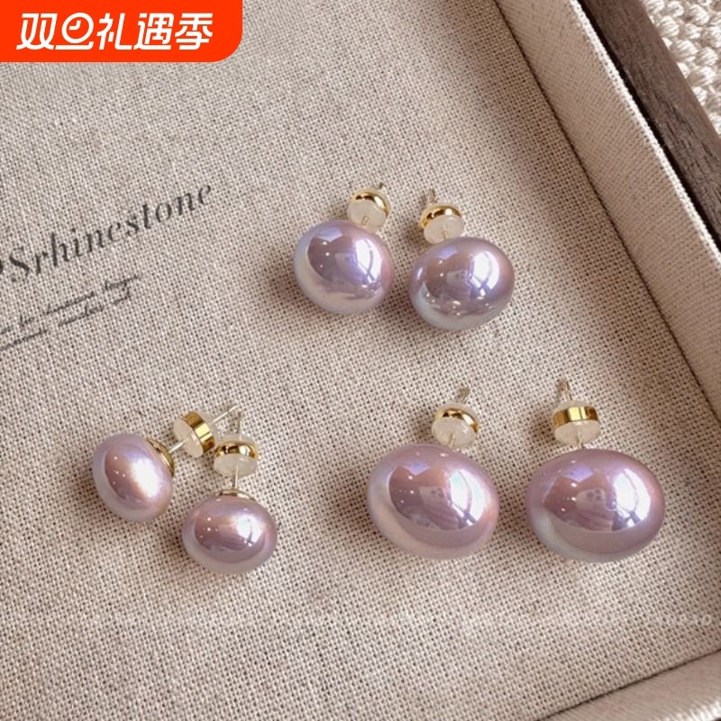 高级感925银针施家极光紫馒头珍珠耳钉女气质耳环小众独特耳饰秋