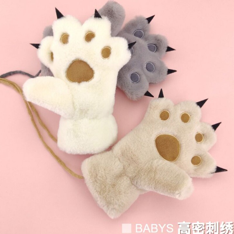 冬季猫爪手套可爱女孩加绒卡通熊掌冬天保暖柔软舒适连指黑色白色