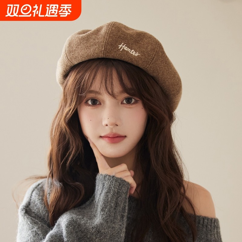 秋冬复古毛呢贝雷帽韩版简约字母刺绣南瓜帽八角帽百搭画家帽子女
