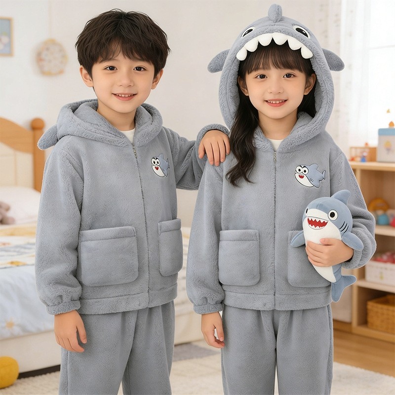 鲨鱼珊瑚绒睡衣中大童2025秋冬新款卡通连帽可爱保暖家居服HDD552,童装/婴儿装/亲子装,家居服套装,淘宝优惠券,粉丝福利购,淘宝优惠卷