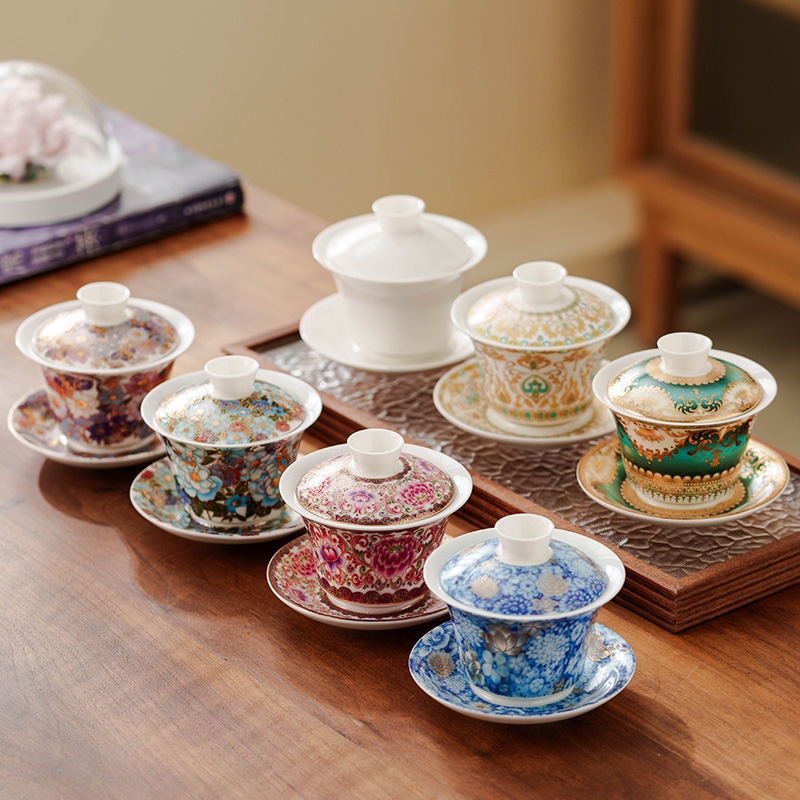 新款珐琅彩悬停盖碗单个陶瓷办公泡功夫茶具器家用大小号三才茶碗