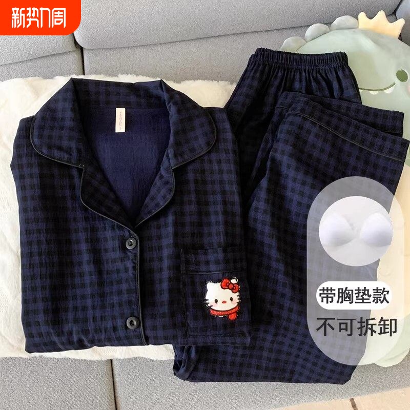 红豆带胸垫格子猫咪睡衣女款春秋季云朵纯棉纱长袖可爱少女家居服