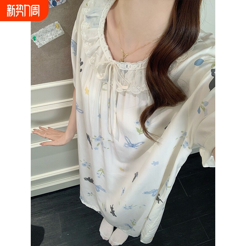 夏季新款奶呼呼睡裙女带胸垫蕾丝公主风可爱棉绸家居服薄款中长款