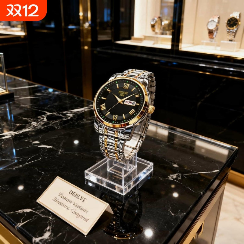 正品瑞士2024新款手表男士全自动机械风防水精钢带双日历男表夜光