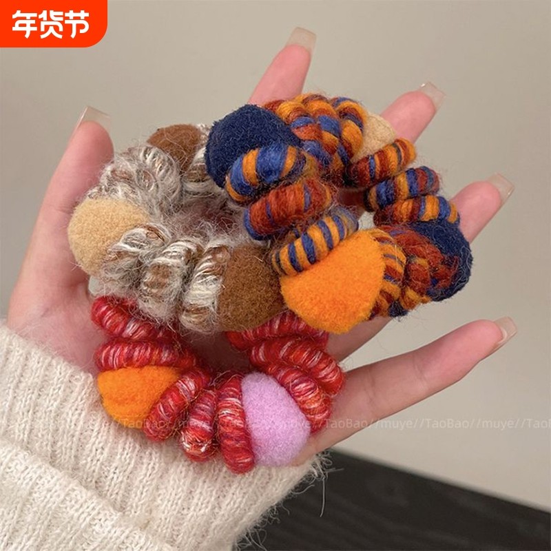 彩虹软糖~秋冬毛绒高弹力电话线发圈女2025新款甜美发绳丸子头绳