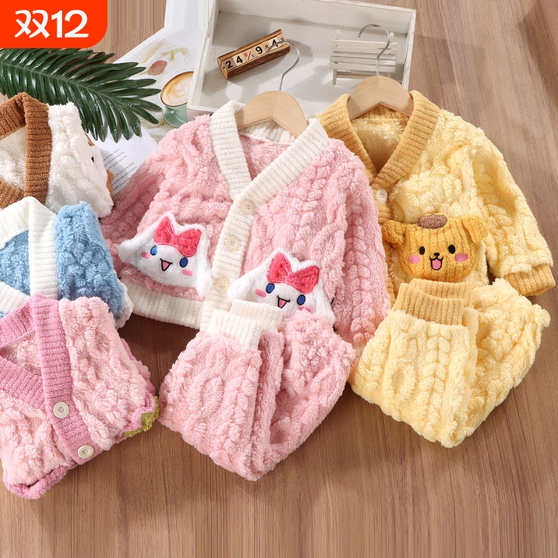 新款儿童家居服套装男女宝宝儿童法兰绒睡衣外套加厚保暖两件套