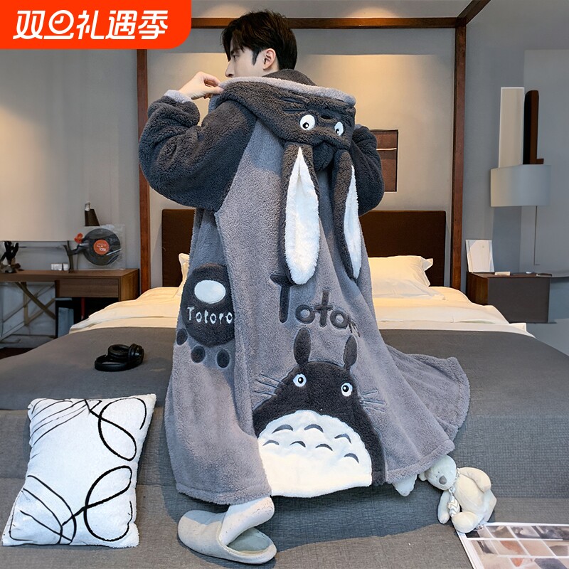 情侣睡衣秋冬季珊瑚绒青少年睡袍男加绒加厚法兰绒浴袍家居服女