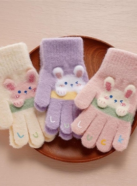 儿童五指手套秋冬季保暖女大童薄款女童可爱女孩公主卡通毛线绿色