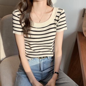 大码短款条纹上衣2024夏季新款女装韩版修身显瘦冰丝针织短袖T恤