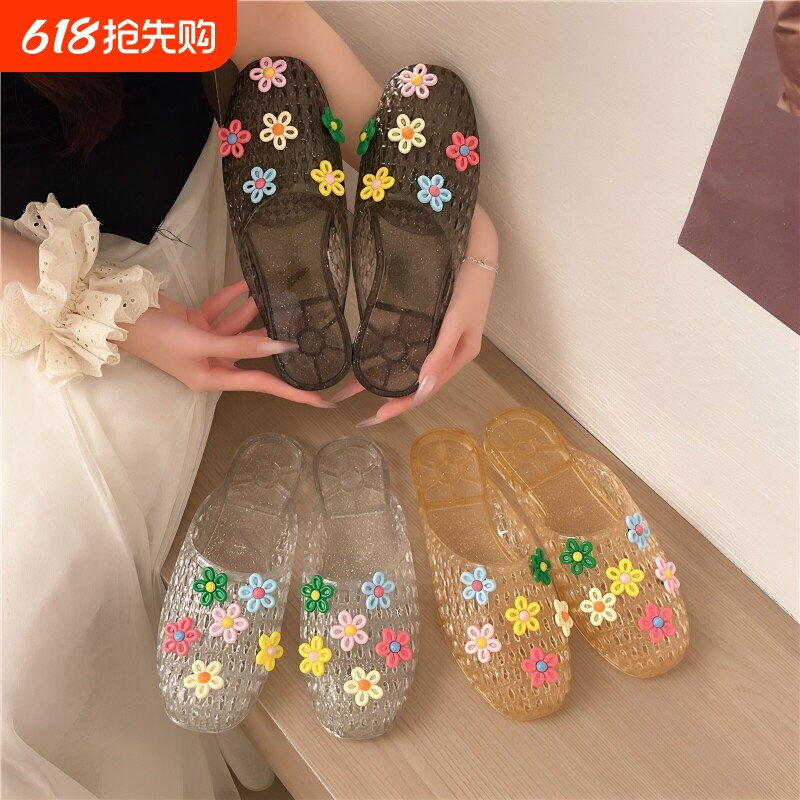 水晶鞋2026新款凉鞋女平底透明半拖外穿鞋果冻鞋软底凉拖鞋包头女