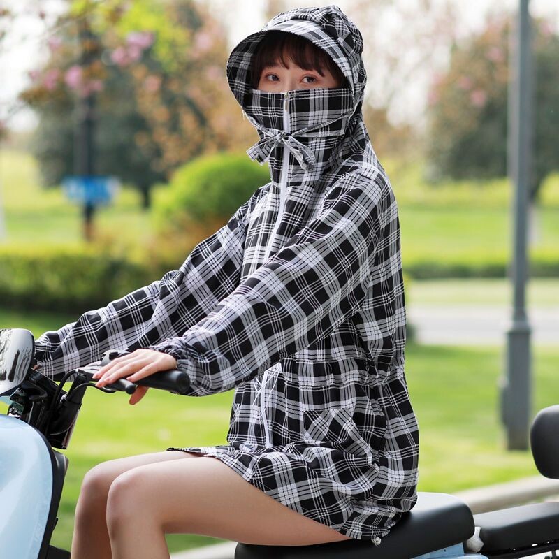 骑车防晒衣女夏季电动车防紫外线摩托车连帽户外遮阳衣防晒披肩