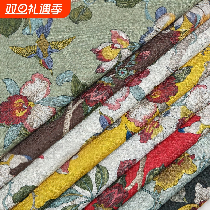 亚麻布印花面料仿棉麻沙发布料批发中式花鸟抱枕坐垫套桌布花鸟图