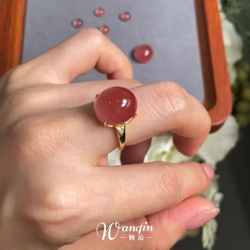 「赤姬朱华」新中式红色冰透蛋面戒指气质轻奢国风高颜值食指戒女