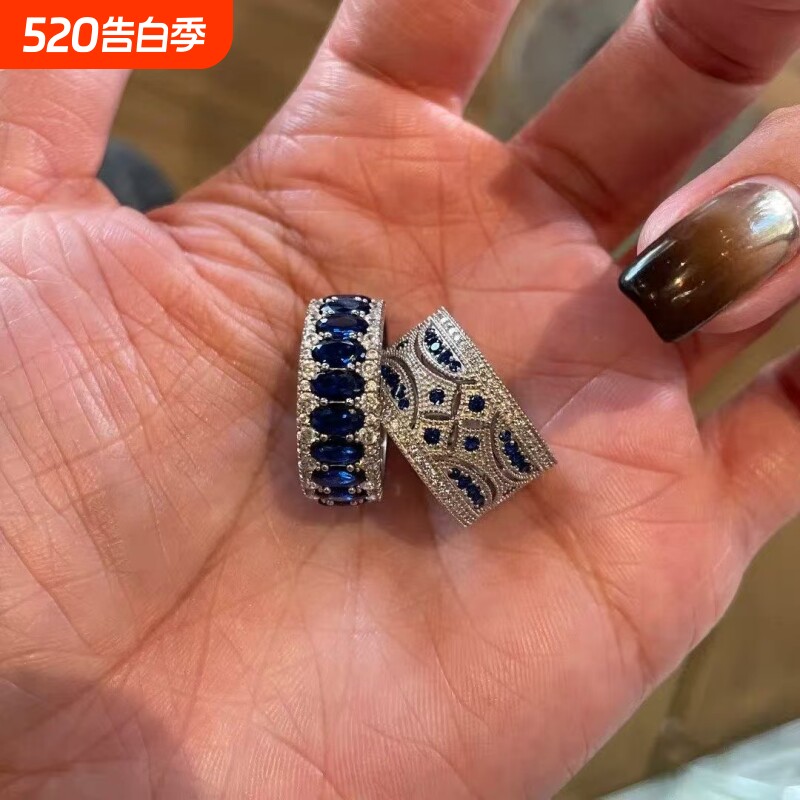 蓝色闪钻椭圆排钻戒指女新款叠戴中古风vintage素圈镂空宽版指