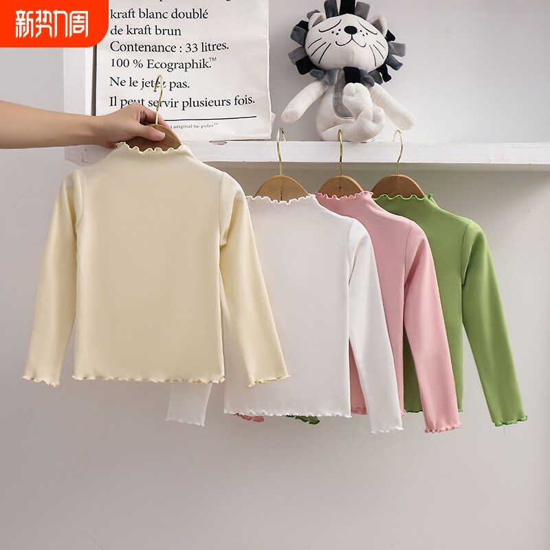 新款女童打底衫秋冬款儿童潮流木耳边纯色长袖T恤中大童百搭上衣