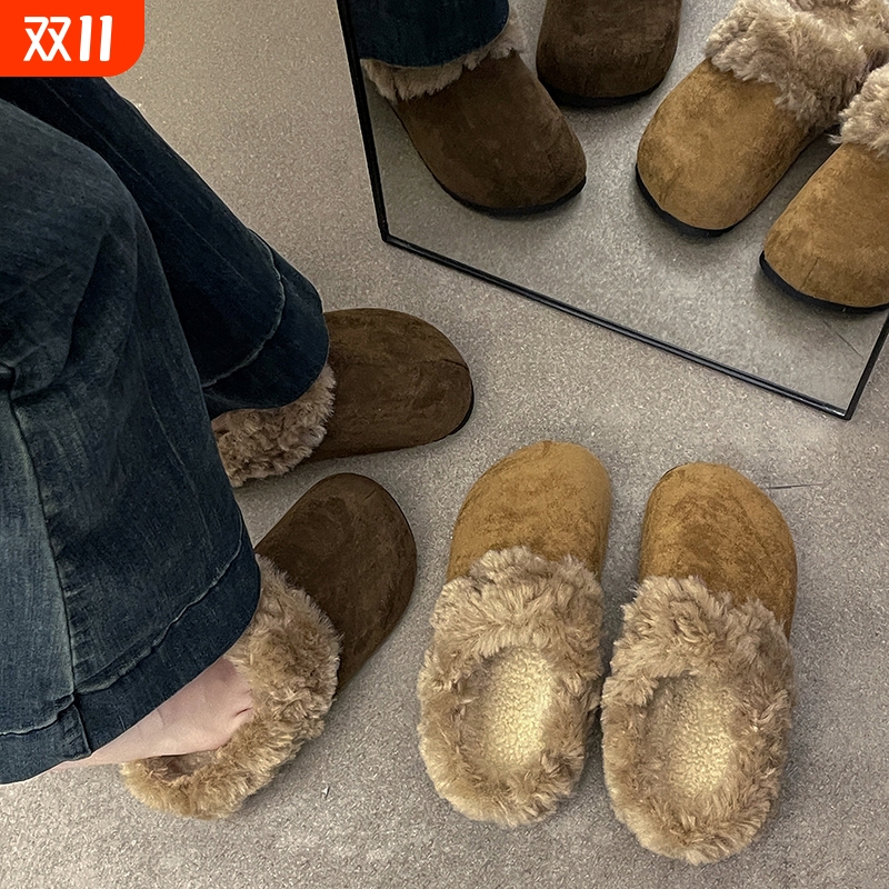 绒面包头半拖鞋女2025新款冬季加绒防滑一脚蹬勃肯棉鞋毛毛鞋家居