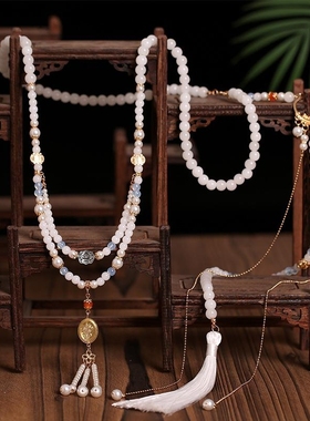新中式古风璎珞背云流苏项链白色汉服马面裙配饰国风长款软璎珞