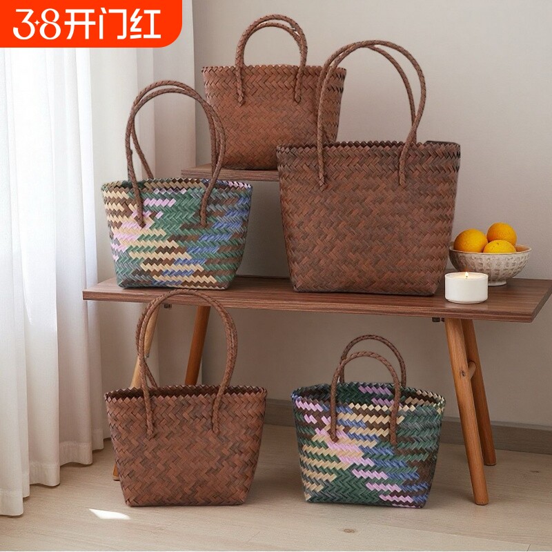 手工编织菜篮子竹节手提包草编包包复古大容量纯手工编织包时尚