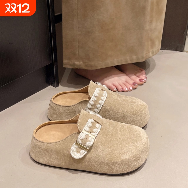 厚底增高包头半拖鞋女2025秋季新款一脚蹬勃肯鞋白色平底刺绣