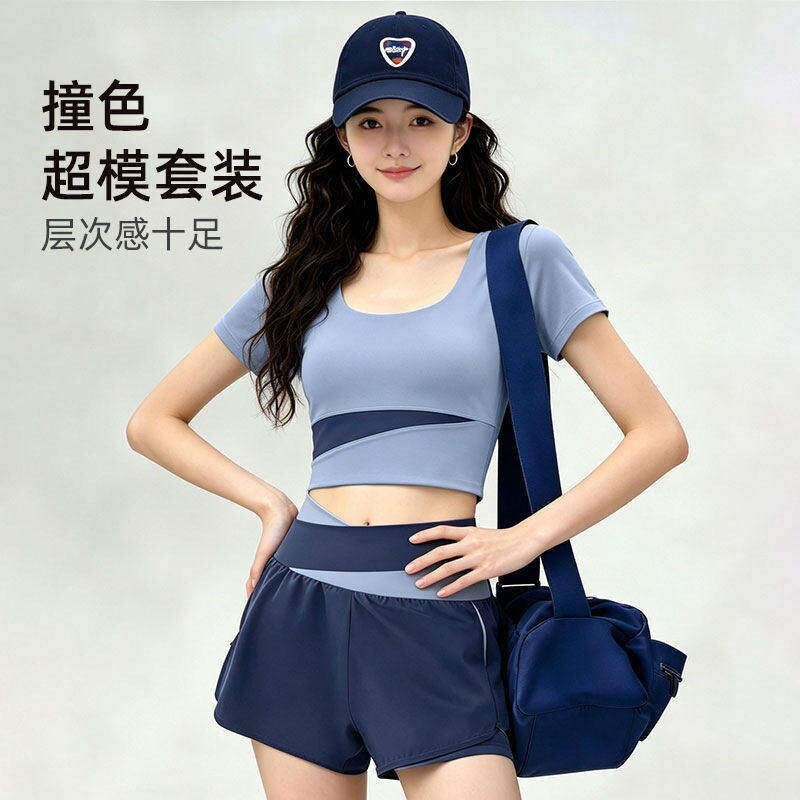 夏季透气瑜伽服套装女款短袖带胸垫撞色高腰收腹防走光跑步健身服图片