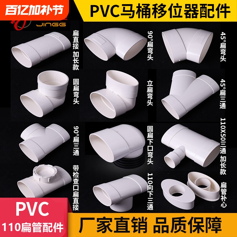 PVC马桶移位器扁管配件50扁直接三通75弯头110接头水管排水检查口