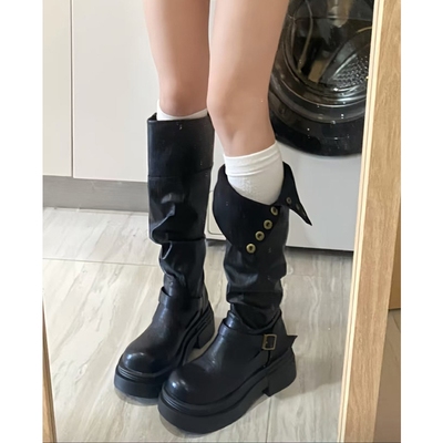 黑色高筒靴子秋季厚底长筒靴女2025新款显瘦增高小个子粗腿骑士靴