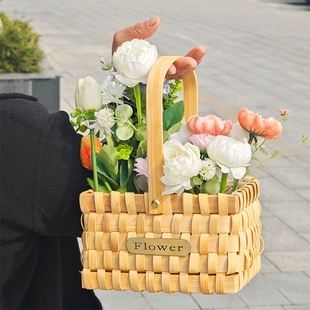 花饽饽插花篮木手提提篮手工田园编织花盆鲜花篮花艺批发长方形