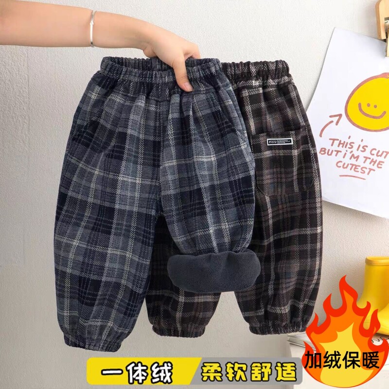 男童裤子加绒加厚冬季2025新款儿童一体绒小男孩韩版格子束脚裤潮
