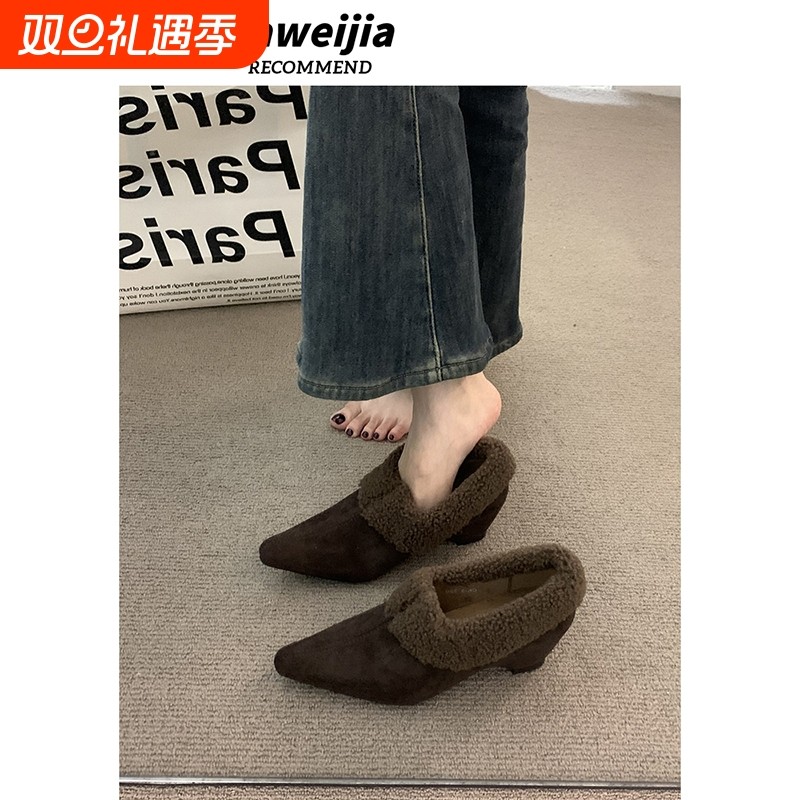 内增高6CM加绒毛毛鞋勃肯棉鞋女鞋子2025秋冬季高跟乐福毛绒单鞋