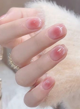 法式腮红猫眼穿戴甲短款美甲贴片时尚气质假指甲片可秋冬烟花绿色