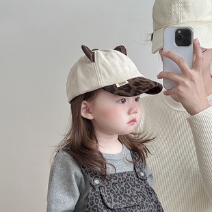 宝宝帽子秋冬天洋气豹纹鸭舌帽男女童韩系潮酷穿搭棒球帽秋季红色