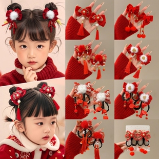 儿童拜年发饰中国风汉服发卡新年红色蝴蝶结发夹子女童扎辫子头饰