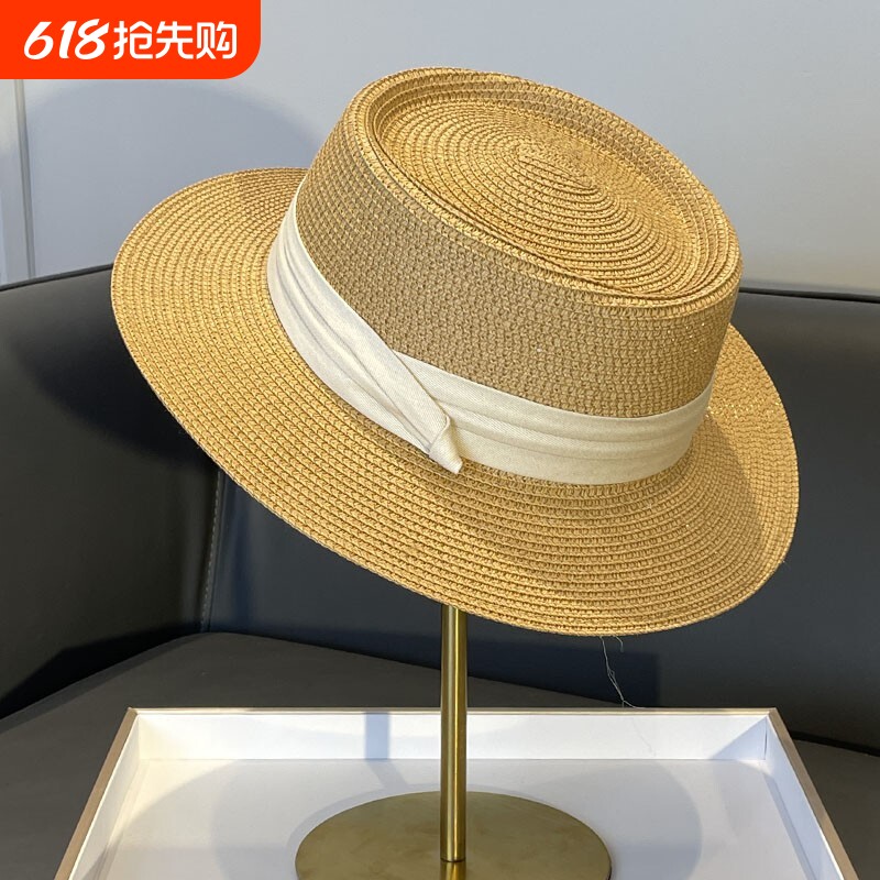 法式平顶防晒帽子女款2024新款礼帽夏季海边度假风遮阳草帽太阳帽