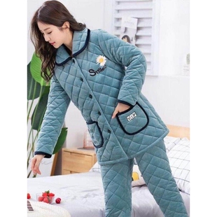 恒源祥女士中年三层夹棉袄秋冬季 睡衣加厚加绒珊瑚绒保暖妈妈家居