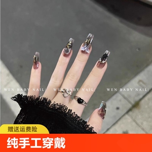 纯手工穿戴甲新款黑色描金清冷山茶花显白蝴蝶轻奢精致显白美甲