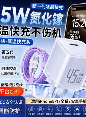 小冰块45W原装氮化镓适用苹果16充电器iPhone15快充数据线14ProMax手机插头17原装air充电头pd平板套装
