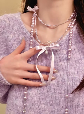 在逃公主波点蝴蝶结串珠项链长款多层叠戴毛衣链配饰颈链锁骨链