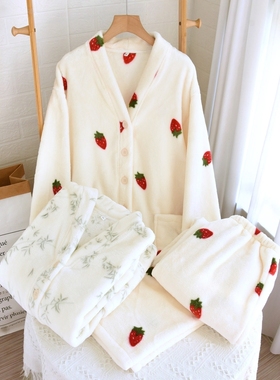 红豆珊瑚绒睡衣女冬季加绒加厚保暖2025新款冬天长袖套装法兰绒家