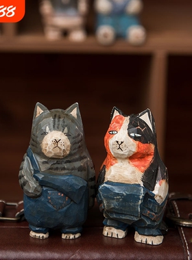 木雕创意猫咪摆件办公室桌面礼物家居治愈招财猫小摆件