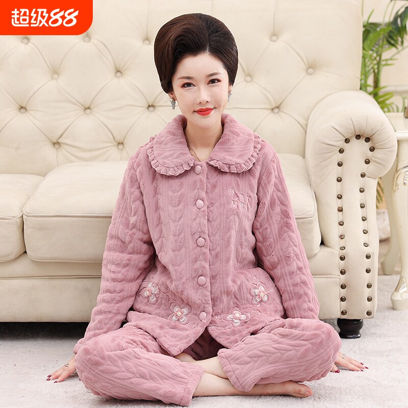 妈妈睡衣女秋冬季珊瑚绒加绒加厚法兰绒冬天大码中老年家居服套装